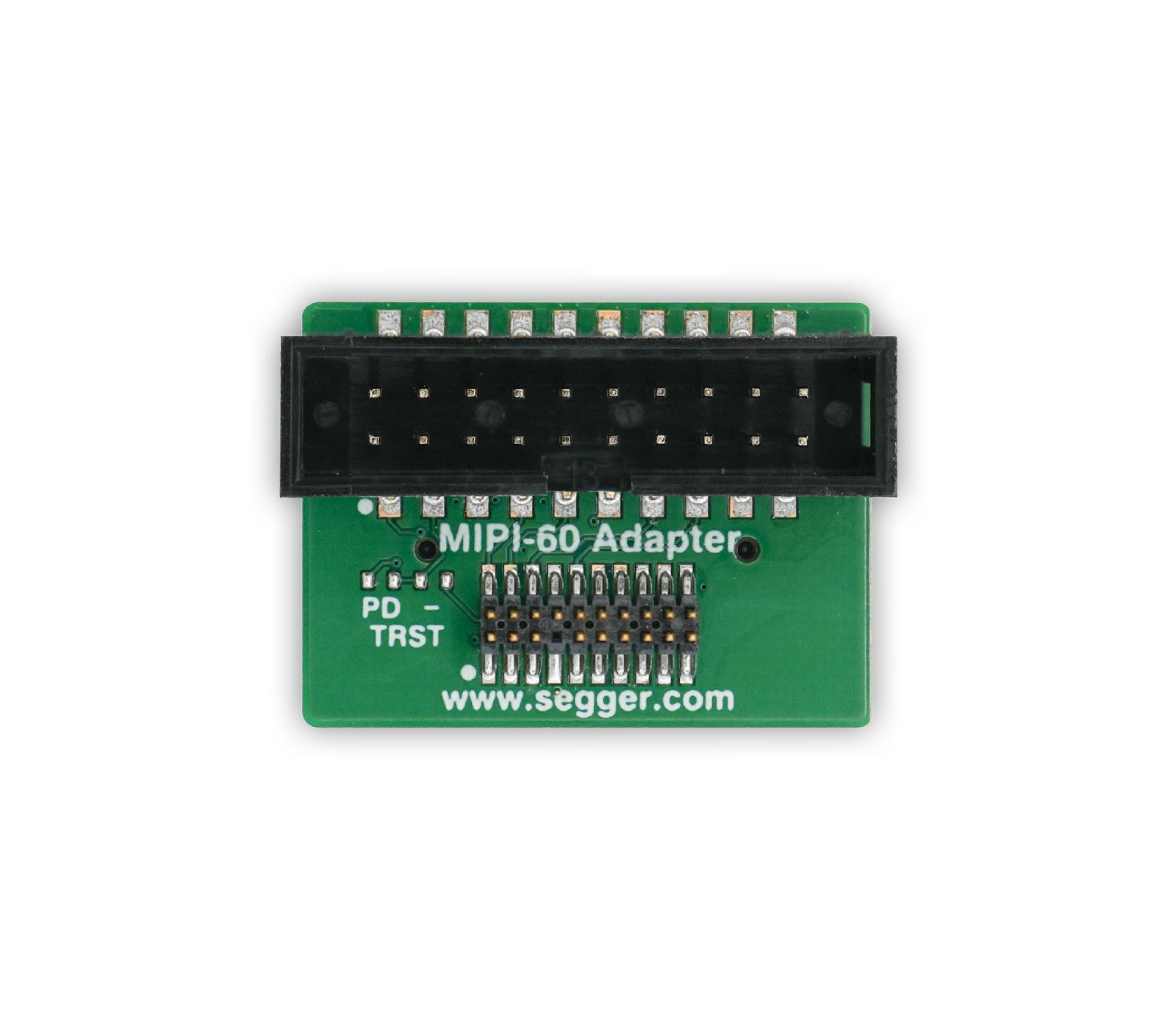 MIPI-60 Adapter A green circuit board labeled "MIPI-60 Adapter" featuring two rows of pins for electronic connections. The top side has a rectangular black connector and includes markings for "PD" and "TRST" on the left side. Suitable for use in electronic devices.